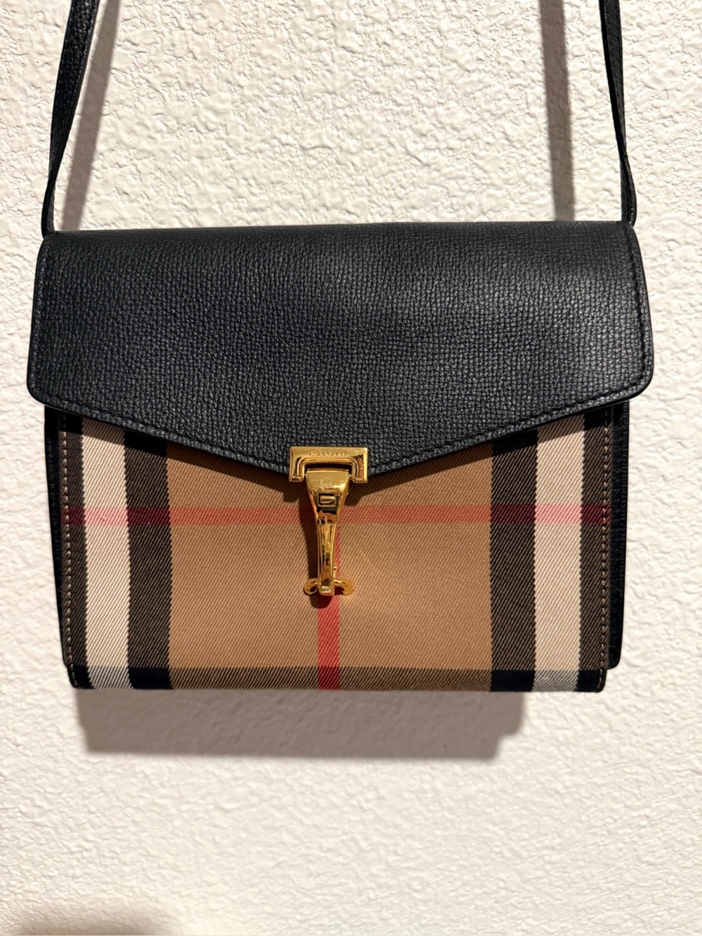 Burberry Small Macken House Check Leather Crossbody Bag Black Beige w Dust Bag